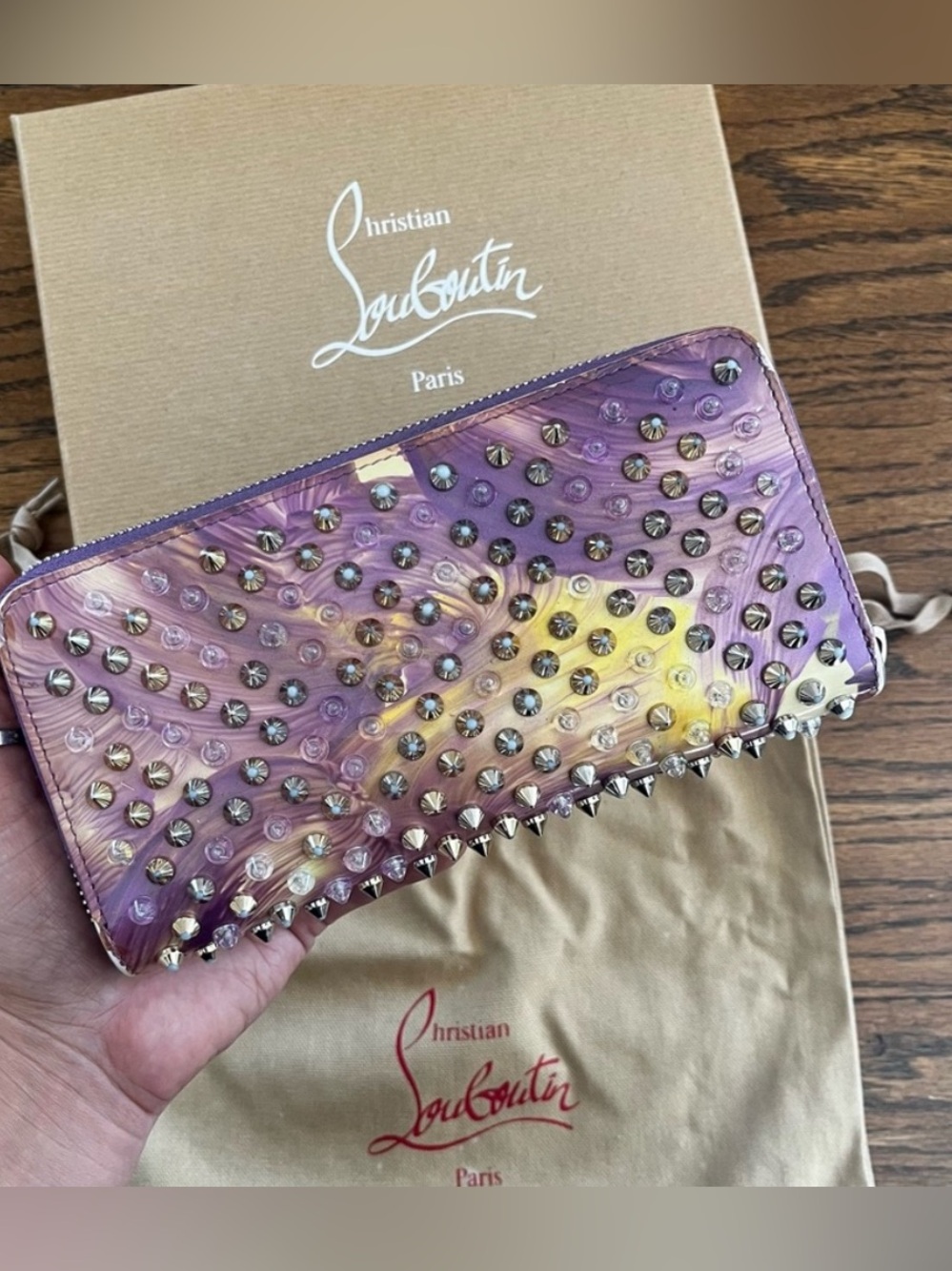 Christian Louboutin RARE Panettone Purple and Yellow Studded Zip-Around Wallet